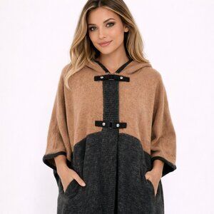 Hooded Colorblock Poncho Comfy Cozy Gift Holiday Neutral Work Travel Winter Wool